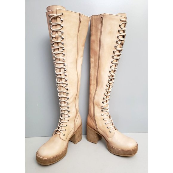 Jeffrey Campbell Haley Over The Knee Lace Up Boots Tan Leather Size 8.5 - Picture 4 of 7